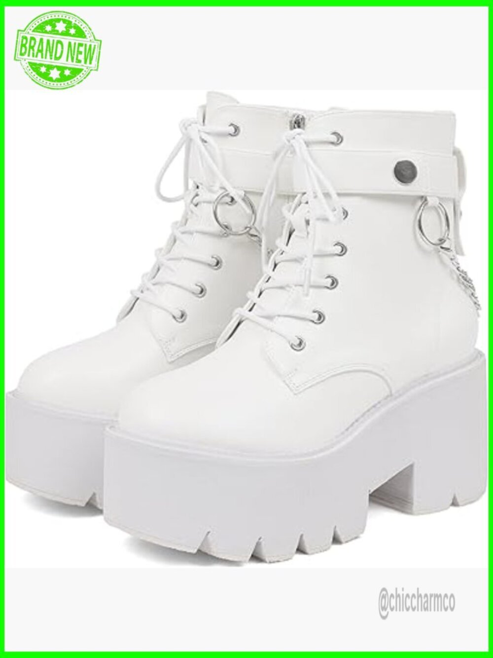 Combat Chunky Wedge Heel Booties Lace Up & Zipper Punk Chain Shoes Festival